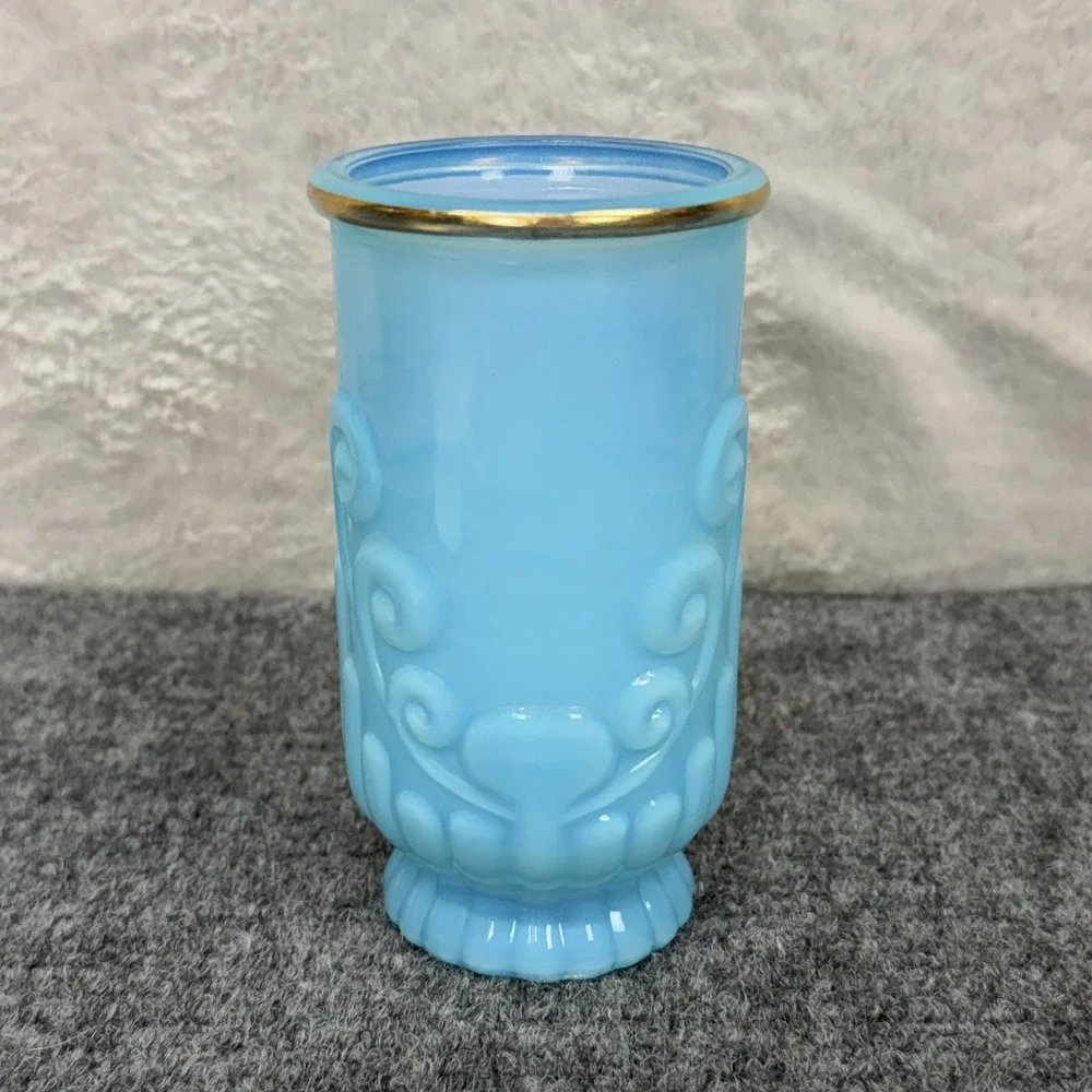 VTG Avon Bristol Blue Opaque Glass Vase 4 3/4 In Scroll Pattern Gold Rim Decor